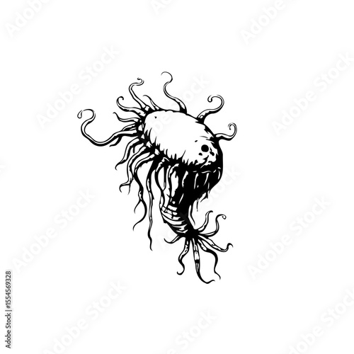Monstrous creature with tentacles, a dark and spooky illustration that blends horror with fantasy and imagination, drawing inspiration from nightmares