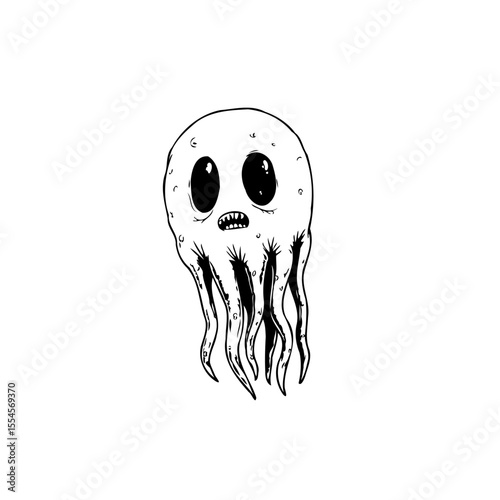 Mystical cartoon creature with a surprised expression and tentacles on a white background