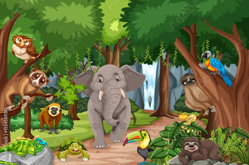 Wild animal cartoon character in the forest scene