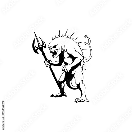 Angry demon illustration in black and white wielding a trident as a symbol of darkness