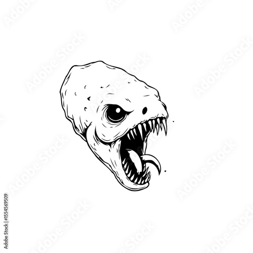 Fearsome creature with sharp teeth and protruding tongue isolated on white background design element