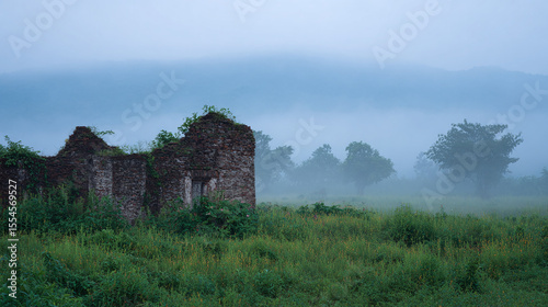 Ethereal Ruins in a Misty Landscape: A Tranquil Exploration of Nature's Embrace on Abandoned Architecture Amidst Rolling Fog