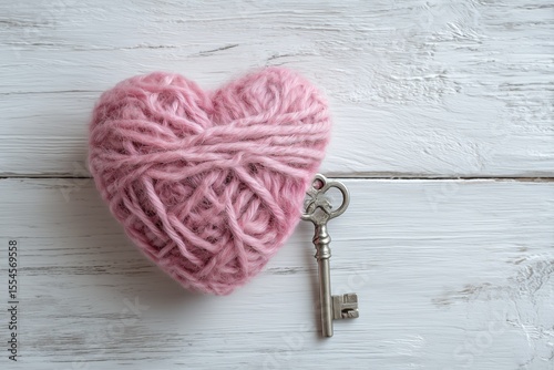 Woven Yarn Heart and Antique Key on Wooden Surface Symbolizing Love and Nostalgia