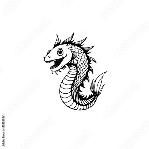 Whimsical sea serpent creature smiling illustration creating a cute and simple fantasy design for children's illustrations