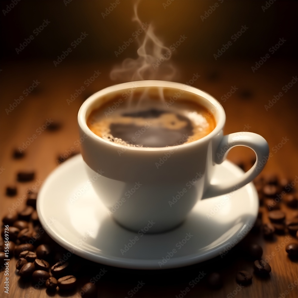 Fototapeta premium A steaming cup of rich espresso a comforting morning ritual surrounded by fragrant coffee beans low