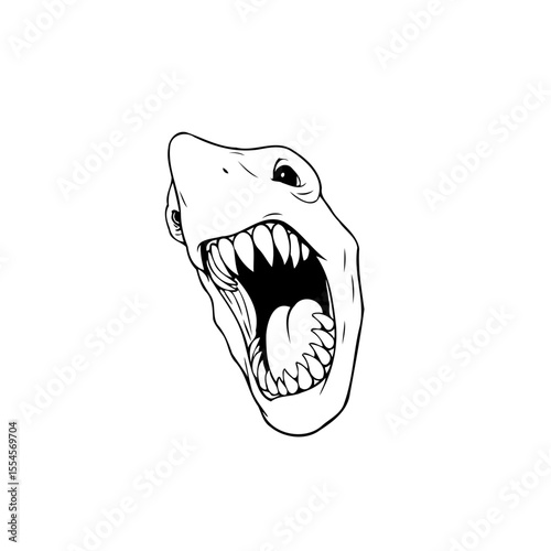 Detailed black and white illustration of a shark's head with an open mouth full of sharp teeth