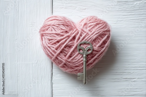 Woven Yarn Heart and Antique Key on Wooden Surface Symbolizing Love and Nostalgia