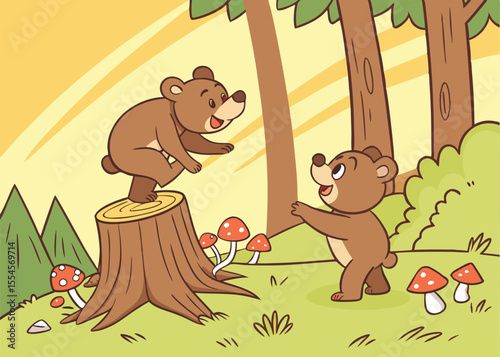 Bear Cubs in Forest Clearing – Cute Vector