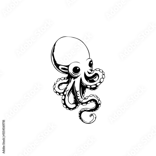 A captivating black and white octopus illustration showcasing intricate details and playful design for various artistic applications