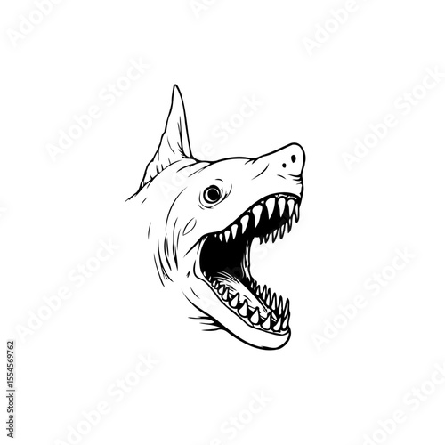 Intricate black and white illustration capturing the raw power of shark marine predator with open jaws showing scary teeth