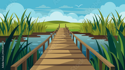 Wooden Boardwalk in Wetlands Vector Scene