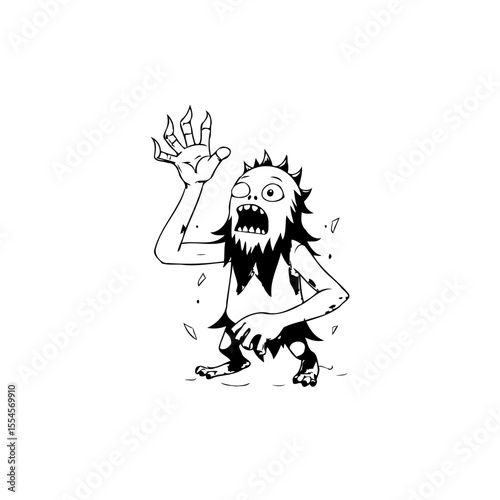 Cartoonish depiction of a peculiar creature with sharp features and raising hand in black and white