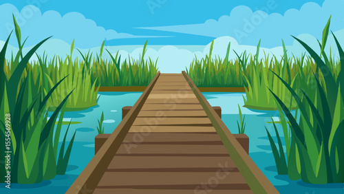 Wooden Boardwalk in Wetlands Vector Scene