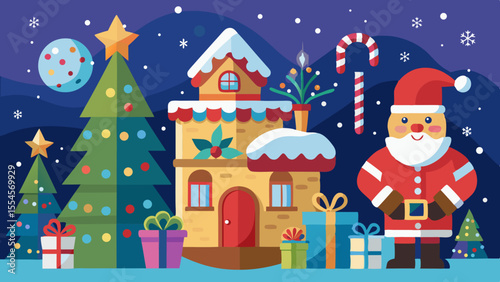 Festive christmas scene with santa house tree and gifts under snowfall