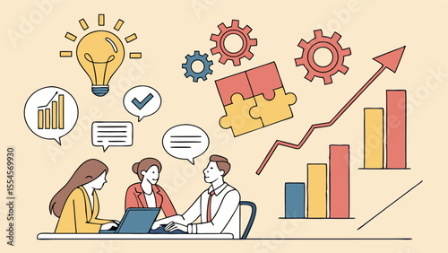 Business Brainstorm concept. Contemporary flat style abstract vector illustration of a group of diverse people at a desk discussing with puzzle pieces above their heads.