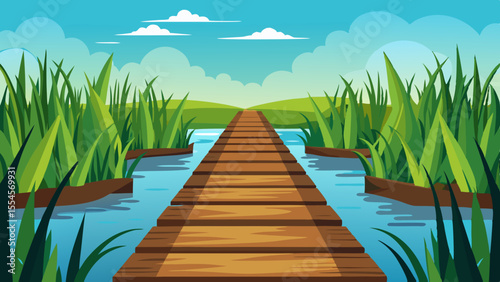 Wooden Boardwalk in Wetlands Vector Scene