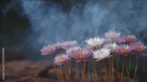 Captivating Tranquility: A Mesmerizing Display of Lotus Flowers Surrounded by Ethereal Smoke in a Serene Natural Setting
