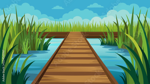 Wooden Boardwalk in Wetlands Vector Scene