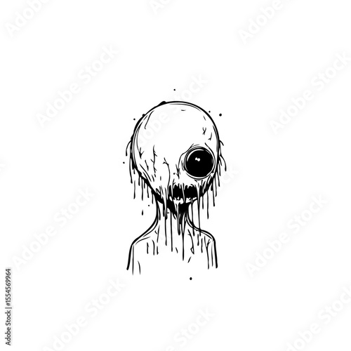 Creepy one eyed monster with dripping dark substance representing horror and mystery graphic illustration