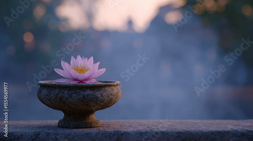 Captured Elegance: A Serene Lotus Flower in a Rustic Bowl Embracing Nature's Tranquility at Sunset