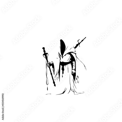Mysterious hooded figure wielding scepter and ominous weapon isolated on white background creates intrigue and fantasy theme
