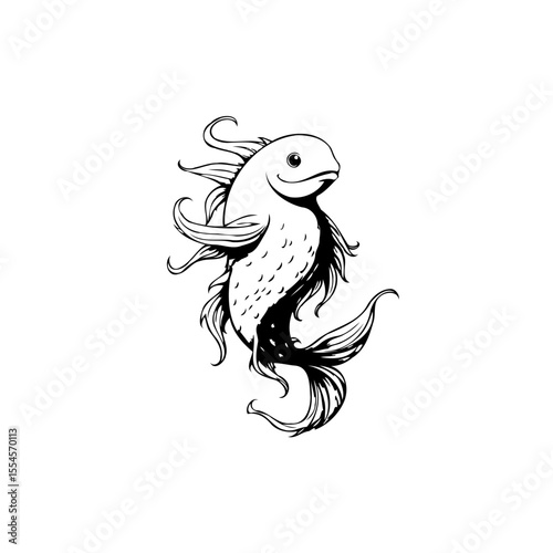 Hand drawn fish illustration in black and white cartoon style for aquatic concept art featuring underwater life elements