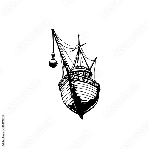 Detailed artistic rendition showcasing a vintage fishing boat ink drawing over a pristine white background emphasizing maritime heritage