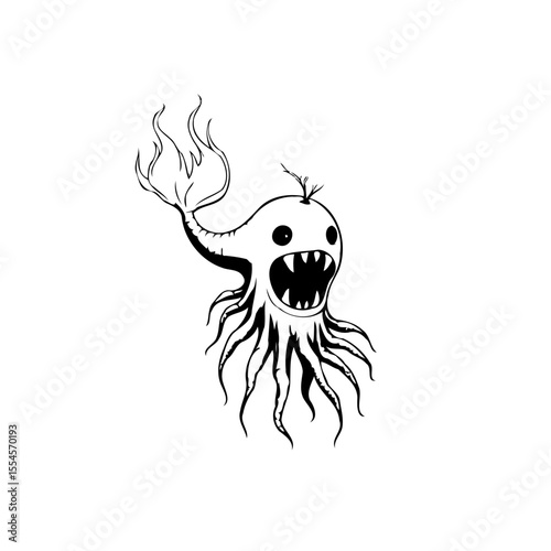 Spooky stylized cartoon sea creature with tentacles and sharp teeth illustration on white background