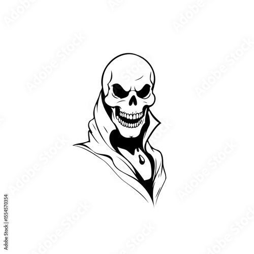 Creepy skull in monochrome artwork featuring a sinister smile and coat as a dark illustration