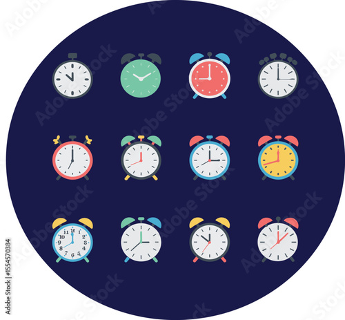Collection of twelve colorful vintage alarm clocks arranged in a grid on a dark blue background