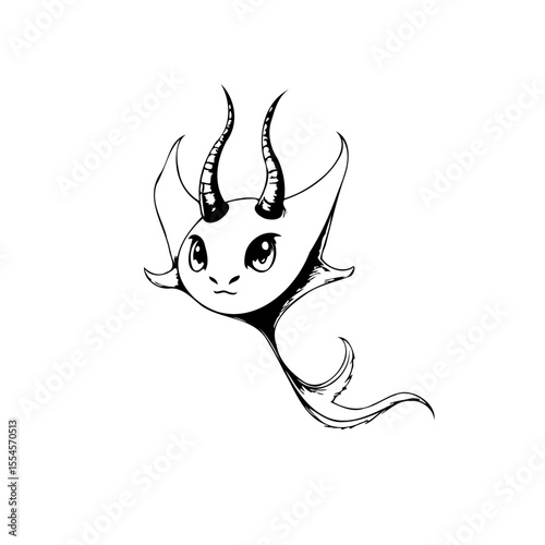 Illustration of a charming whimsical creature with horns and expressive eyes on white background art