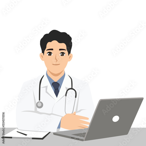 Doctor in a white coat with a stethoscope around his neck is sitting at a desk, working on a laptop. Flat Vector character illustration