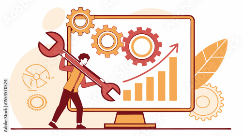 Business Improvement Concept – Man in Business Suit Troubleshooting Scheduler on Monitor with Wrench Flat Vector Illustration