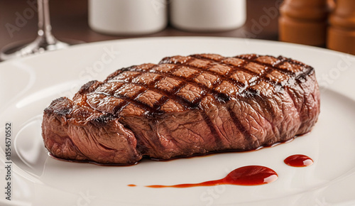 A piece of grilled steak on a white ceramic plate.