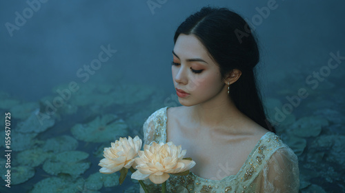 A Serene Portrait of a Woman Holding Lotus Flowers Amidst Lush Water Lilies, Capturing the Essence of Tranquility and Natural Beauty in an Ethereal Setting