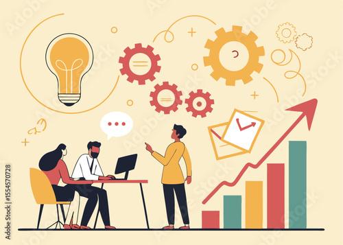 Business Job Interview Concept – Vector Cartoon Illustration of Two Interviewers Questioning Young Man in Suit at Table with Laptop