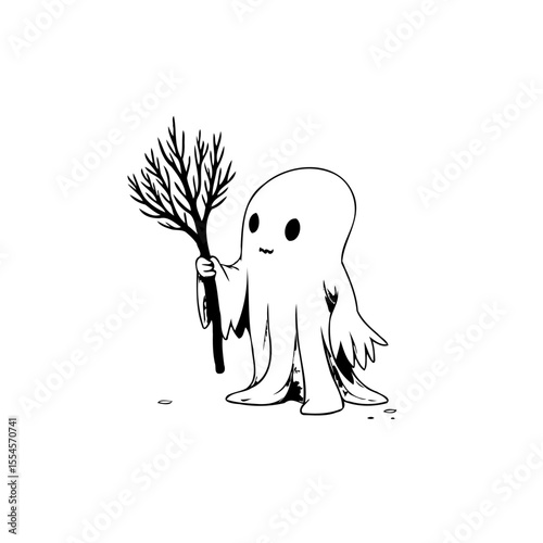 Cute little ghost holding a bare tree branch, illustration for halloween greetings cards and invitations, minimalist design