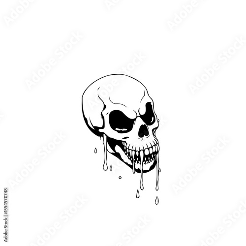 A monochrome skull illustration dripping with dark liquid creating a spooky and gothic artwork masterpiece