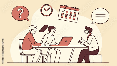 Business Job Interview Concept – Vector Cartoon Illustration of Two Interviewers Questioning Young Woman at Table with Laptop