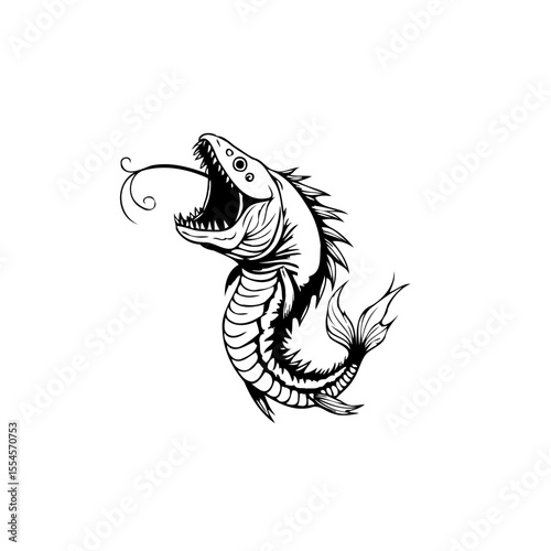 Stylized predatory fish with open mouth showing teeth and tongue black and white illustration