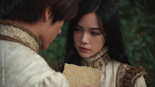 Captivating Moment of Connection: A Romantic Encounter in Nature Captured with Emotion and Elegance Amidst a Beautiful Scenic Background