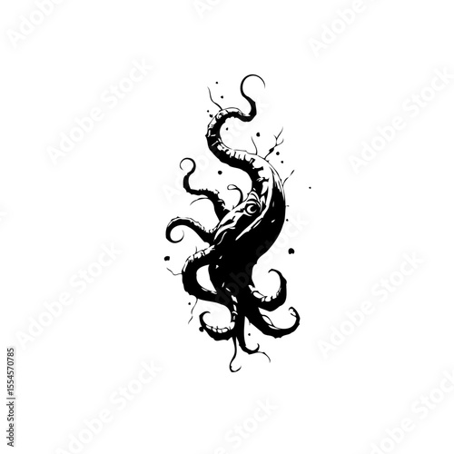 Mysterious black and white drawing of a tentacled creature evoking myths and the deep sea dark imagination