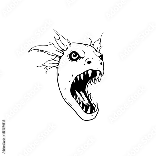 Illustrative depiction of a mythological dragon head roaring menacingly with open mouth and sharp teeth line art
