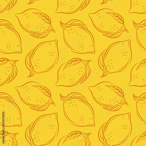 Seamless lemon pattern in line art style on yellow background. Hand drawn design for food packaging, kitchen wallpaper, wrapping paper and organic package.