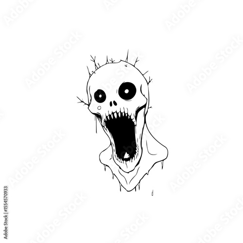 Creepy skull with open mouth and branches minimal isolated illustration on white background, a sinister artistic rendering