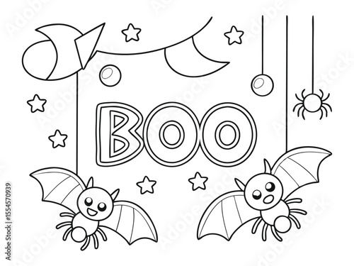 Boo. Coloring page. Black and white vector illustration. Ghost coloring page. Boo. Black and white ghost