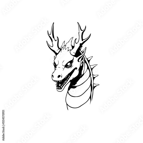 Detailed monochromatic portrait of a fearsome dragon head with piercing gaze and majestic horns design vector illustration