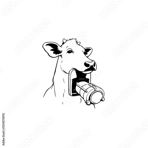 A black and white vector illustration depicting a cow swallowing a barrel in surreal artistic style graphic artwork