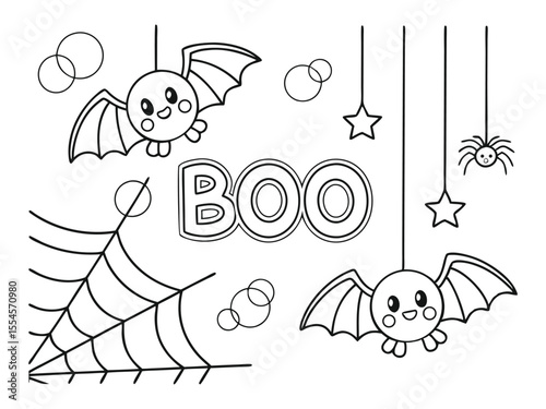 Boo. Coloring page. Black and white vector illustration. Ghost coloring page. Boo. Black and white ghost