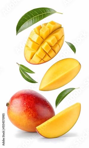 Fresh ripe mango fruit slices and leaves isolated on white background